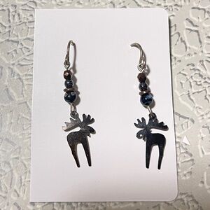 Silver Tone Moose Silhouette Beaded Dangle Earrings